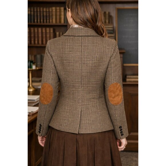 Chocolate Brown Wool Blend Tweed Houndstooth Blazer Jacket Suede Elbow Patches L - Picture 5 of 12